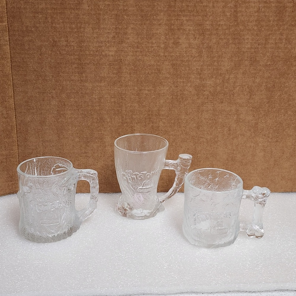 Vintage McDonalds Flintstones Mugs 3 Pc Set Etched Glass Great Quality!‎ 1993